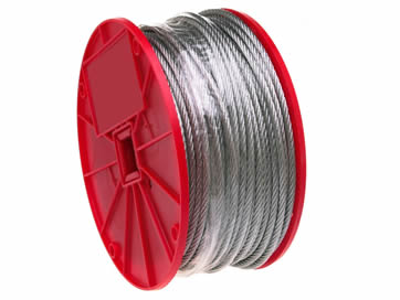 A large red plastic spool of PC strand, its surface is covered with plastic film.